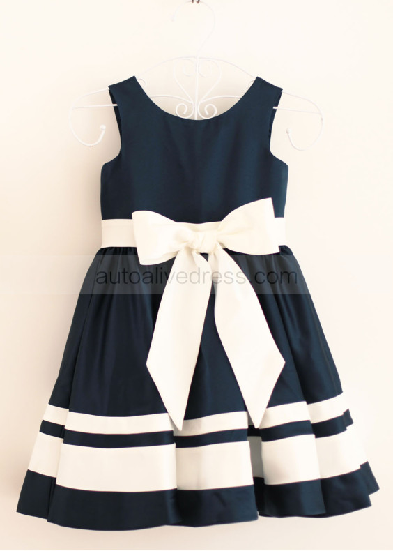 Navy Blue Ivory Satin Stripes Knee Length Flower Girl Dress 